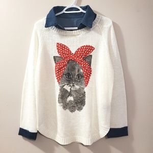 Ness - Cat sweater with denim cuffs - Size L